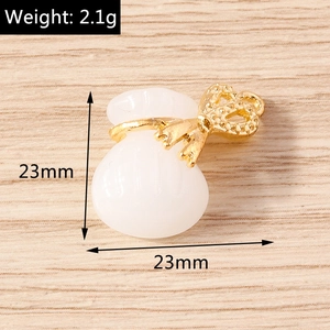 Detail of 23mm white faux jade lucky bag pendant with gold bowknot, weight 2.1g