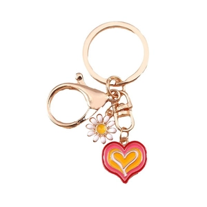 Golden heart and daisy flower keychain with colorful enamel heart pendant and hook