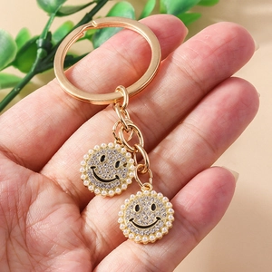 Fashion Geometric Rhinestone Smiley Face Keychain Gold Alloy Double Pendant With Faux Artificial Pearl Bag Charm Gift For Women