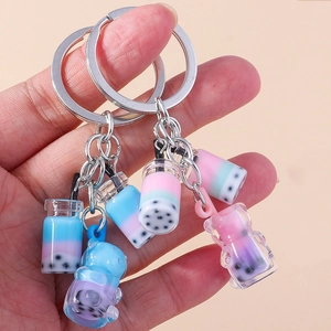 Fashionable bubble tea cup and bear keychain pendant set in various pastel colors