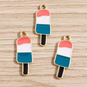 Close-up of three enamel popsicle charms with gold plating for jewelry making