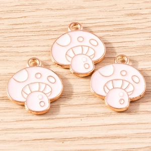 Pink and white enamel mushroom charms with gold metal edges for DIY jewelry making