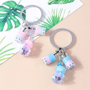 Cute Boba Milk Tea Keychain Resin Bear Pendant Zinc Alloy Ring Gradient Beverage Cup Bag Hanging Decoration Women Girl Gift Jewelry