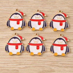 Set of six Christmas penguin alloy enamel charms with red hats for DIY jewelry crafting