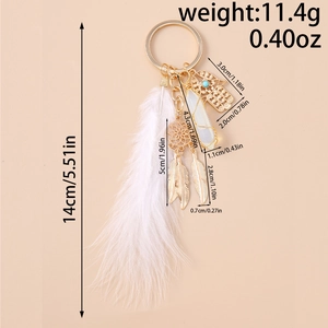Detailed dimensions of Bohemian Hamsa dreamcatcher keychain with feathers and crystals