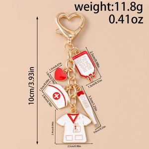 Detailed view of 10cm medical keychain with dimensions of nurse hat and thermometer charms