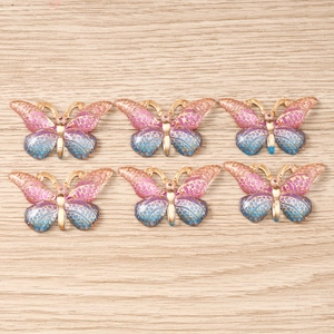Pack of 6 gradient pink and blue butterfly pendants with gold metal frames for DIY jewelry