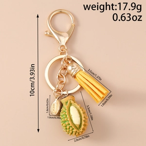 Vue détaillée du porte-clés durian créatif avec dimensions et pompon en cuir