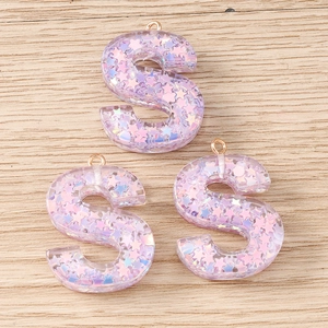 Purple glitter resin letter S charms with gold rings for DIY jewelry and keychains