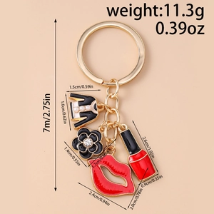 Detailed view of fashion keychain with gold charms, dimensions and weight measurement