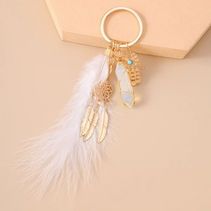 Detail of dreamcatcher keychain with white feathers, Fatima hand and crystal stone pillar