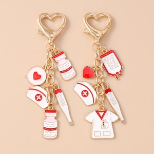 Medical Nurse Keychain Zinc Alloy Enamel Drip Oil Nurse Hat Thermometer Medicine Bottle Scrub Pendant Heart Key Ring Gift