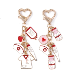Creative medical themed keychain set with nurse hat and thermometer enamel charms
