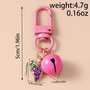 Detailed size and weight view of grape charm keychain with pink lobster clasp and bell