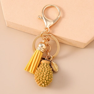 Porte-clés fruit durian créatif avec gland jaune et fermoir mousqueton doré élégant