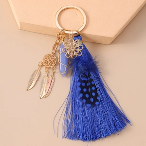 Macro detail of bohemian keychain with blue crystal, dreamcatcher and feather tassel