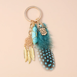 Detail of Hamsa Hand and turquoise dreamcatcher keychain with real green feathers
