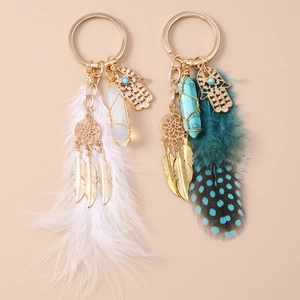 Bohemian Hamsa dreamcatcher keychain with natural stones and feathers on gold hardware