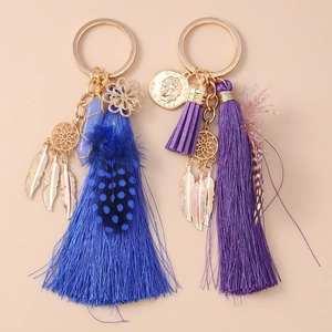 Bohemian dreamcatcher keychain with tassels, feathers and hexagonal crystal charms