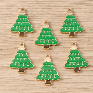 Set of 6 green Christmas tree alloy pendants with gold star details for DIY jewelry making
