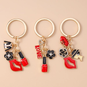 Fashion Zinc Alloy Enamel Keychain Rhinestone Artificial Pearl Lips Camellia Flower Heart Lipstick Pendant For Women Bag Accessories