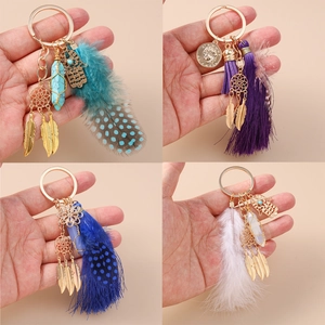 Bohemian Dreamcatcher Feather Keychain Alloy Crystal Hexagonal Pillar Tassel Bag Pendant Hanging Accessory Women Gift