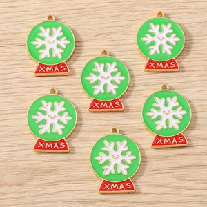 Set of 6 Christmas snowflake globe charms with green enamel and XMAS red base for DIY crafts