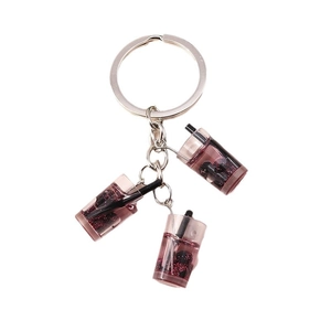 Modischer rosa-lila Milchtee Schlüsselanhänger mit Silberkette und Mini-Strohhalmen