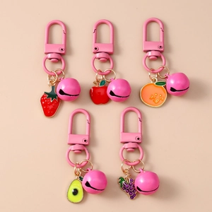 Cute Pink Fruit Keychain With Bell Zinc Alloy Enamel Strawberry Apple Orange Avocado Grape Bag Charm Key Ring Decoration