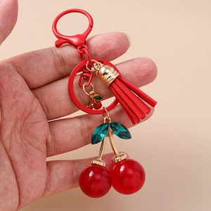 Fashion fruit keychain with red cherries, green crystal leaves and tassel on gold ring