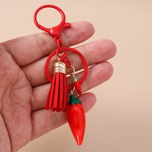 Vibrant red chili pepper keychain with stylish long tassels and red carabiner hook