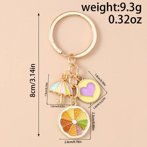 Detailed size chart of fruit keychain with umbrella, heart, and lemon slice charms