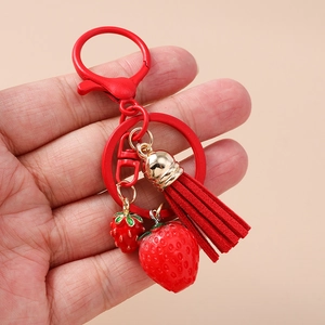 Fashionable red strawberry fruit keychain with tassel and golden metal lobster clasp