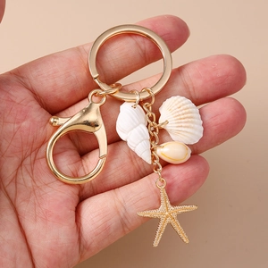 Porte-clés de plage avec étoile de mer et coquillages naturels, anneau doré pour sac à main