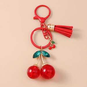 Exquisite cherry keychain with red translucent spheres and suede tassel for bag decoration