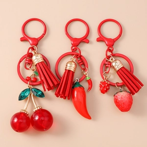 Fashion Tassel Fruit Keychain Strawberry Cherry Chili Pendants Zinc Alloy Bag Charm Delicate Vegetable Key Ring Gift For Women