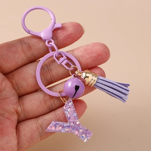 Porte-clés lettre Y en résine violette tendance avec clochette et pompon à paillettes étoiles