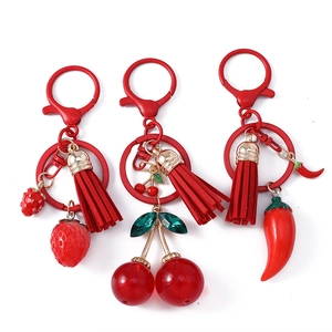 Fashionable strawberry cherry and chili pendants with suede tassels and metal keyrings