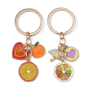 Creative fruit keychain set with heart and orange enamel charms on gold alloy ring