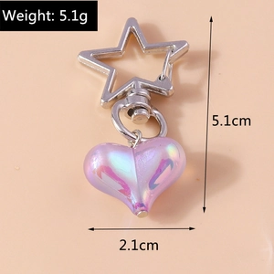 Detail showing iridescent purple heart keychain with dimensions and star lobster clasp