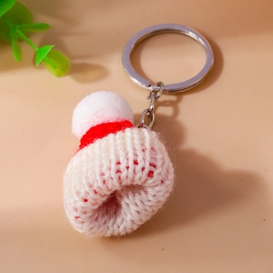 Christmas knit hat keychain with red and white wool and silver metal ring for bags