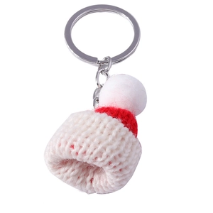 Creative knitted Christmas hat keychain with red stripes and pompom for bag decoration