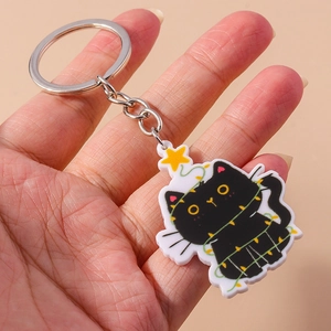 Porte-clés chat noir mignon en acrylique avec étoile dorée et guirlandes lumineuses