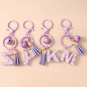 Porte-clés Alphabet en Résine Violette à la Mode Avec Gland en Étoile de Paillettes et Cloche pour Sac à Main Femme Bijou