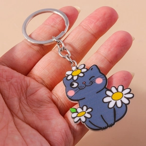 Porte-clés chat de dessin animé en acrylique avec marguerites pour les sacs