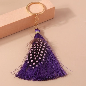 Detailed shot of purple tassel and polka dot feather charm on golden keychain
