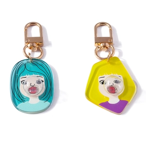 Creative bubble blowing cartoon girl acrylic keychain set with golden metal D-buckle