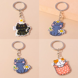 Porte-clés en Acrylique Chat Dessin Animé Mignon Personnalisé Chat Fleur Étoile Pendentif de Sac Animal pour Femmes Enfants Cadeau