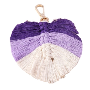 Handmade gradient purple cotton leaf tassel keychain with a golden metal lobster clasp