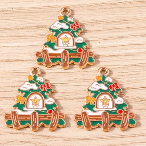 Three Christmas tree enamel metal pendants with festive bow for DIY jewelry making
